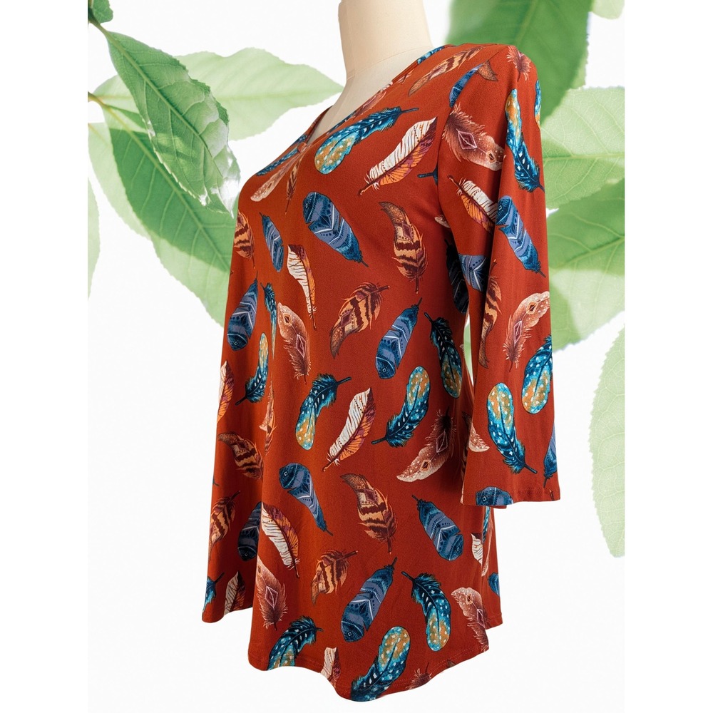 Agnes & Dora Women's Feather Print V Neck 3/4 Sleeve Long Tunic Made in USA XXXL